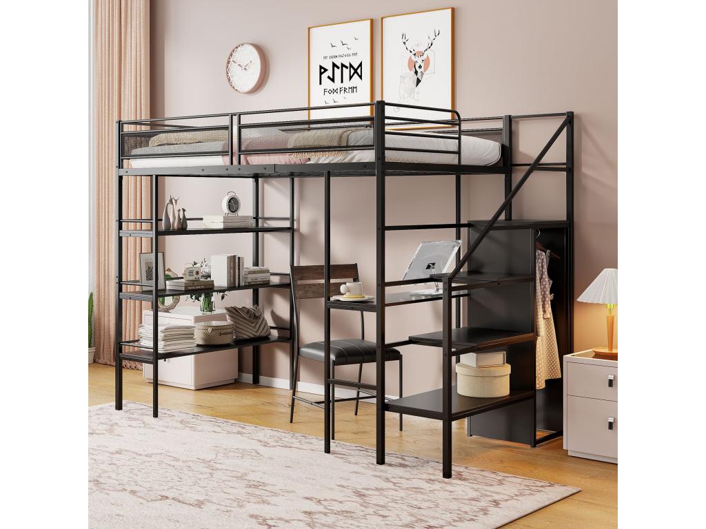 Cama infantil 90*200 cm, tres estantes de almacenamiento, escritorio, armario, con escalera de seguridad, barandilla alta, negro