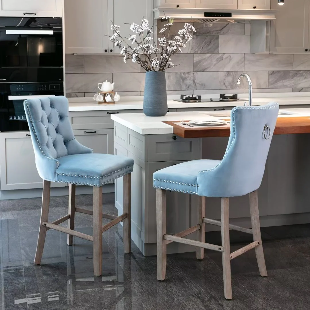 Velvet Bar Stools Set of 2, Upholstered Counter Height Bar Chair with Rivet and Button Trim, Bar Stool with Back and Footrest, for Dining Room, Kitchen, Pub, Gray - Image 12