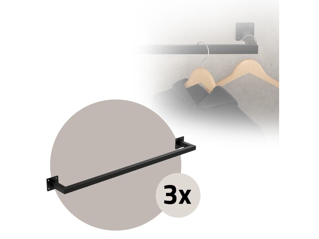 3x Perchero de pared negro para vestidor/armario barra para ropa/toallas 90x12cm