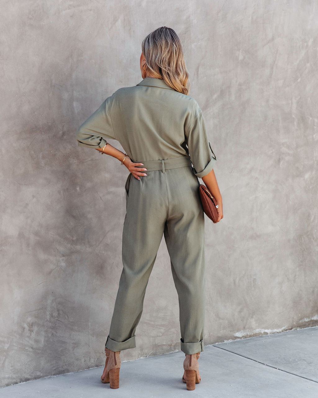 Exploring The Orchards Pocketed Belted Jumpsuit - Olive - Se7enfashion