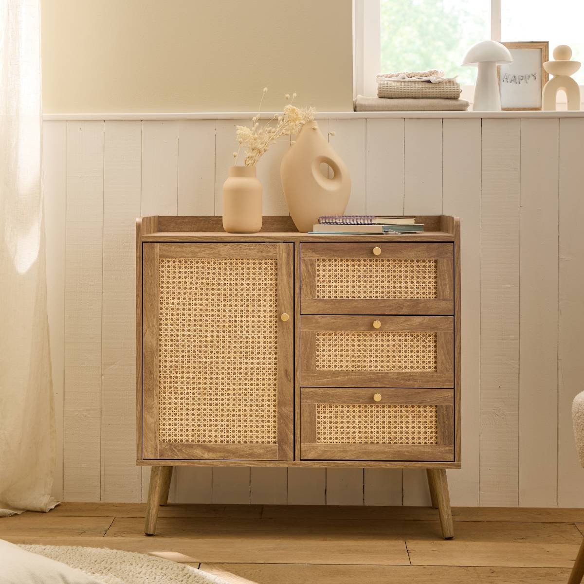 Calicosy - Ladekast 1 deur 3 laden PALMO - L80 cm - Rotan