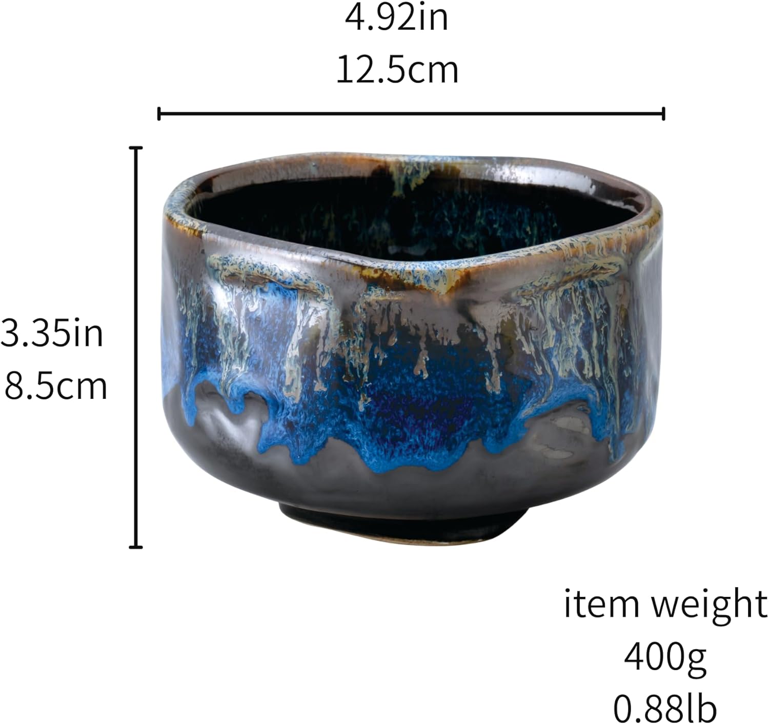 Handmade Ceramic Matcha Tea Bowl Authentic Japanese Tea Ceremony Pottery, Mino Ware Made in Japan, Black Blue Drip