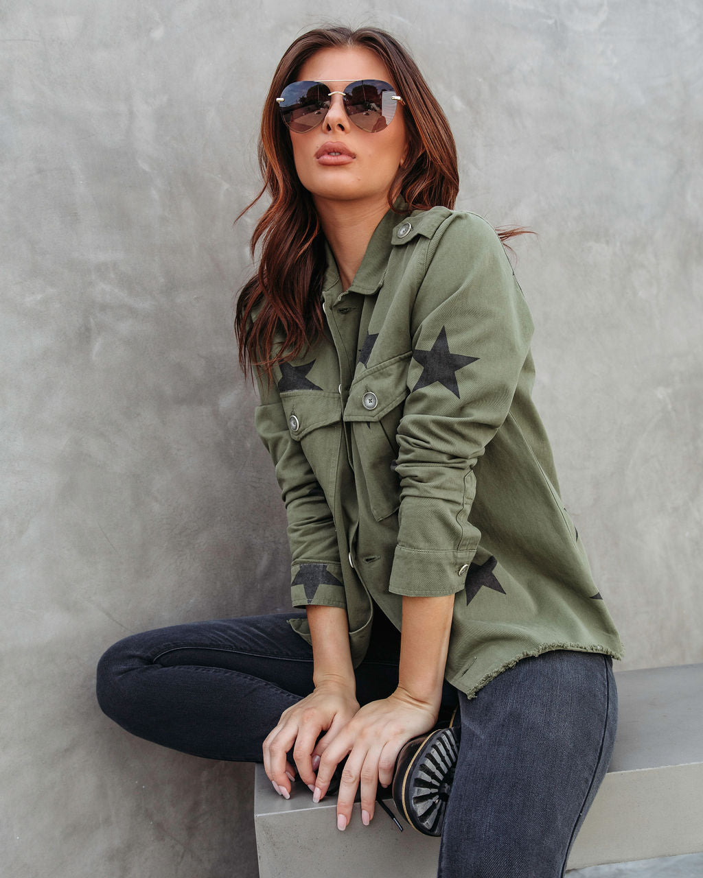 All Aligned Frayed Star Jacket - Olive - Se7enfashion