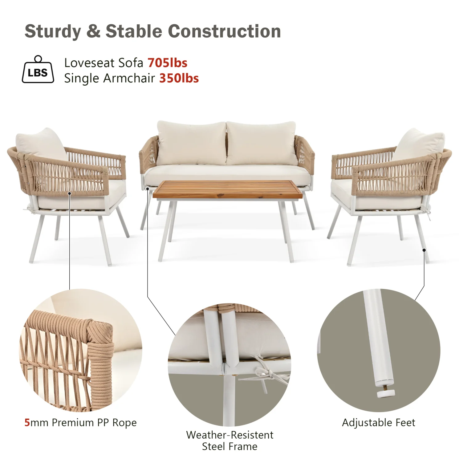 4-Piece Rope Patio Furniture Set with Ajustable Feet, Boho Rope Outdoor Conversation Set with Wood Table, Sofa Seating Set with Thick Cushion for Backyard Lawn Garden, Beige - Image 5