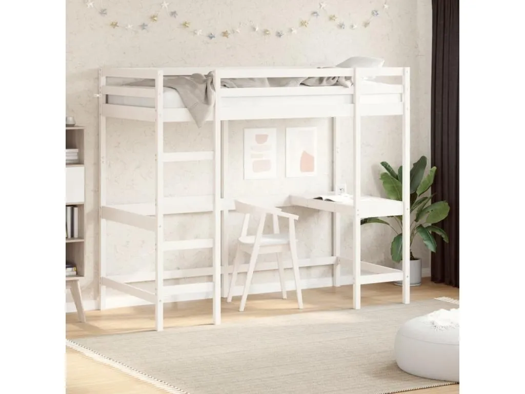 Cama alta con escritorio madera maciza pino blanca 90x200 cm qah3540900