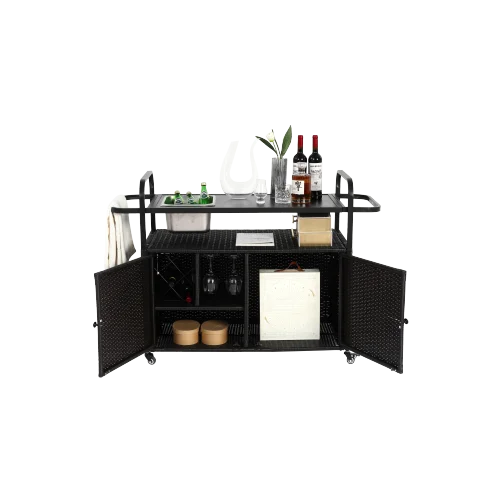 Yiweny Outdoor Rolling Wicker Bar Cart, Large Portable Outdoor Wicker Bar Table with Cabinet Storage and Glass Countertop, Patio Wicker Serving Bar Cart for Pool, Party, Backyard, Black - Image 8