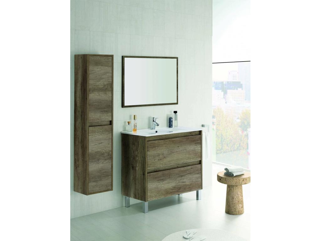 Mueble bajo lavabo Modesto, Mueble bajo lavabo de pared con 2 cajones, Armario de baño con espejo, Sin lavabo, 80x45h80 cm, Roble
