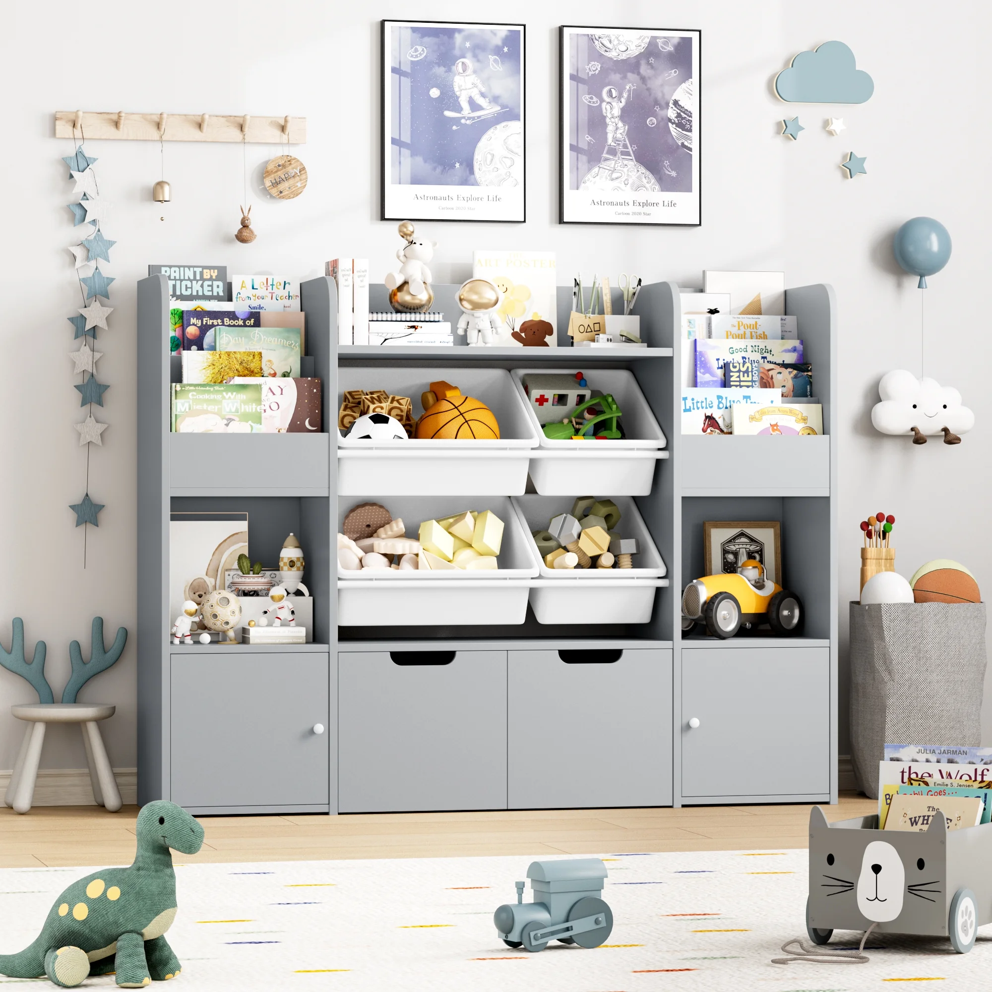 Hiphuta Kids Bookcase Toy Storage Organizer, Wooden Toy Organizer of 4 Bins& 2 Removable Drawers for Home Bedroom, Kids Bookshelf Toy Box with Book Rack, White - Image 28