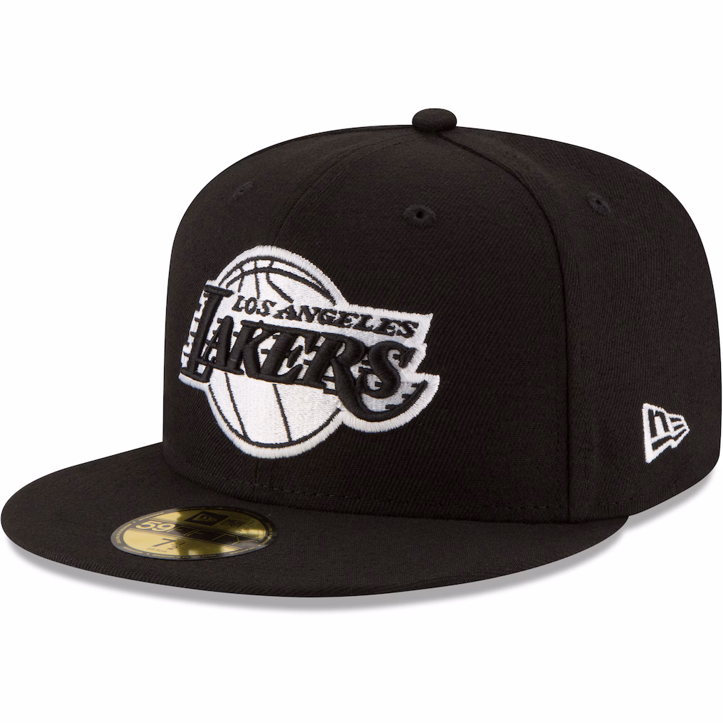 Front left angled view of New Era Los Angeles Lakers Black and White 59FIFTY Fitted Hat featuring embroidered logo and flat visor.