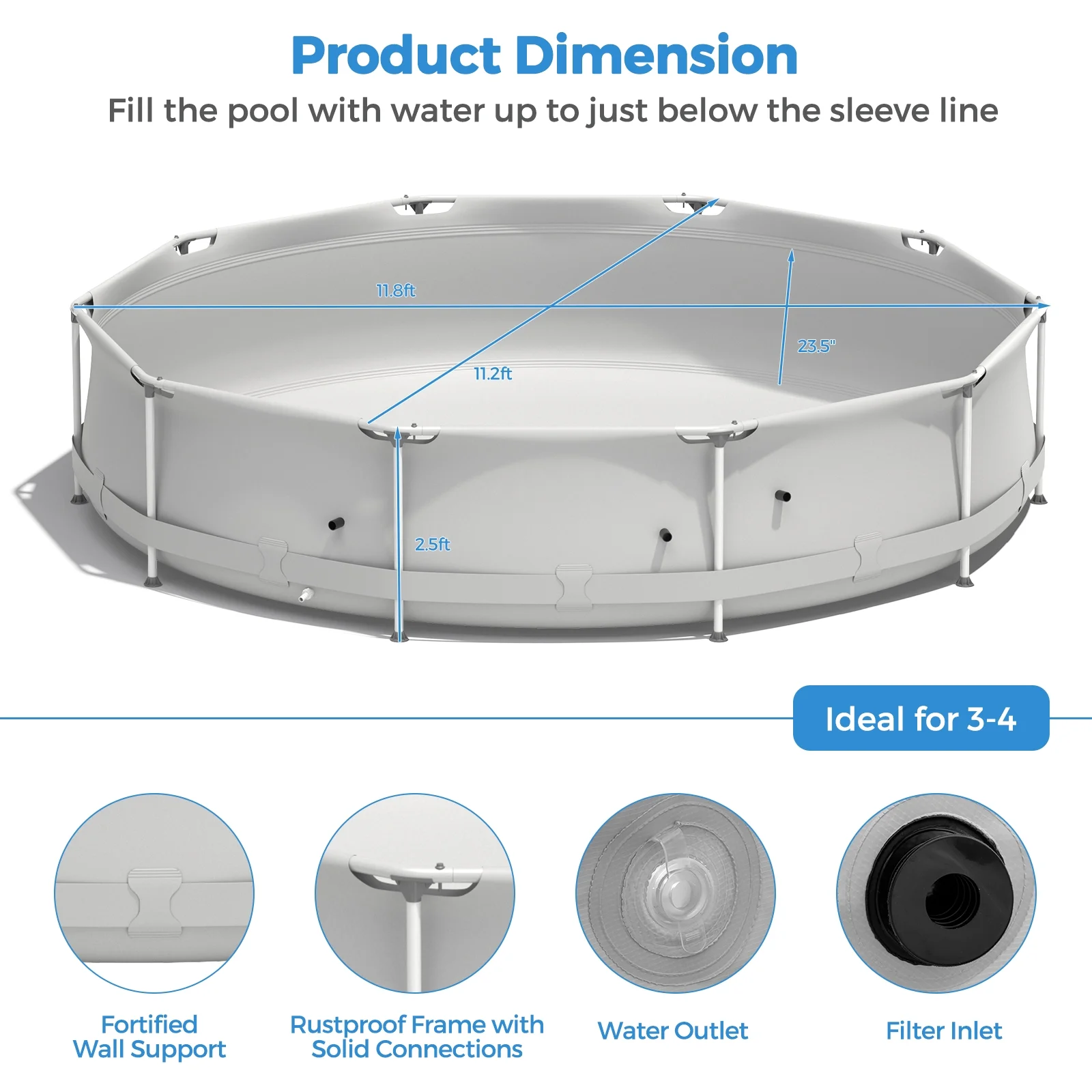 Infans Round Above Ground Swimming Pool Patio Frame Pool W/ Pool Cover Iron Frame Blue - Image 14