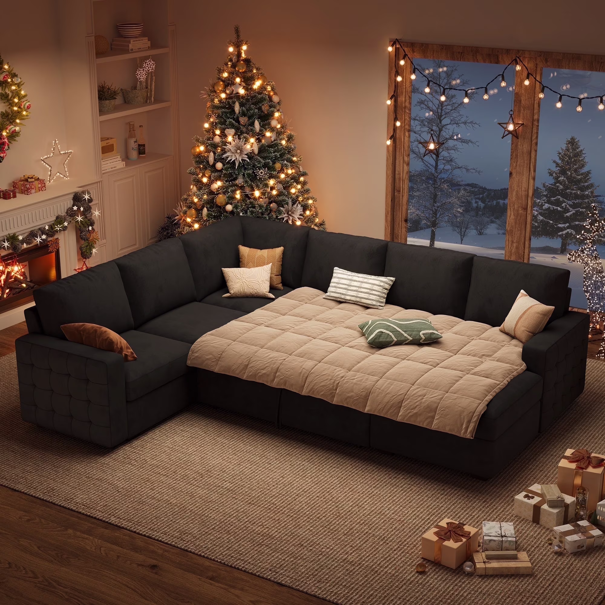 HONBAY Modular Sectional Pull-Out Sofa Bed with Storage Velvet U-Shaped Convertible Sleeper Sofa for Living Room, Blue - Image 3