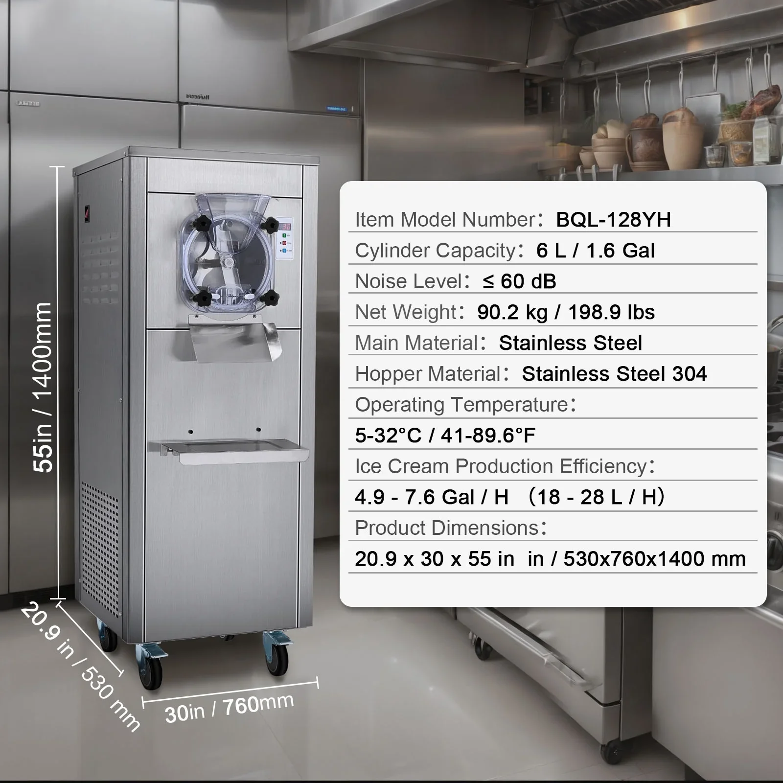 KFFKFF Commercial Ice Cream Machine, 18L/Hour Output, 1780W, Single Flavor, Mobile with Wheels, 6L Stainless Steel Cylinder, LED Screen, Auto Clean & Pre-cool