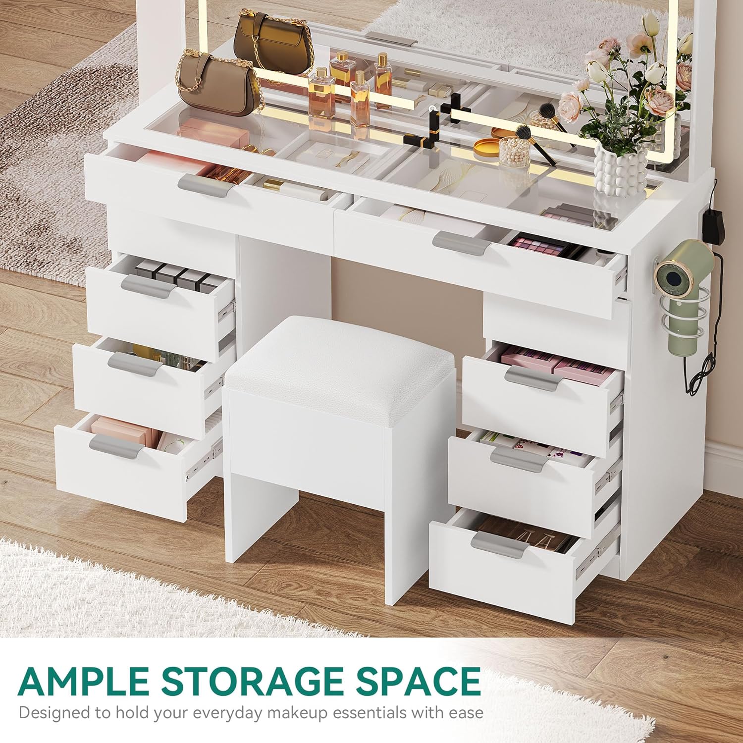 Vanity Set with LED Mirror, 10 Drawers, Stool Included