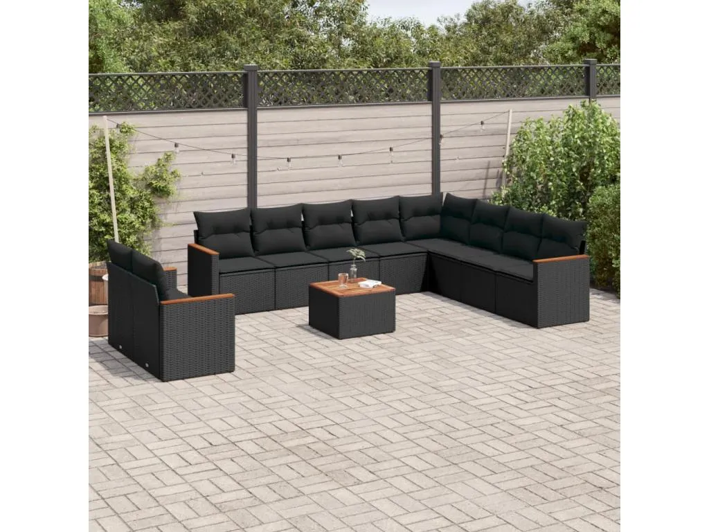 Set de sofás de jardín 11 pzas y cojines ratán sintético negro