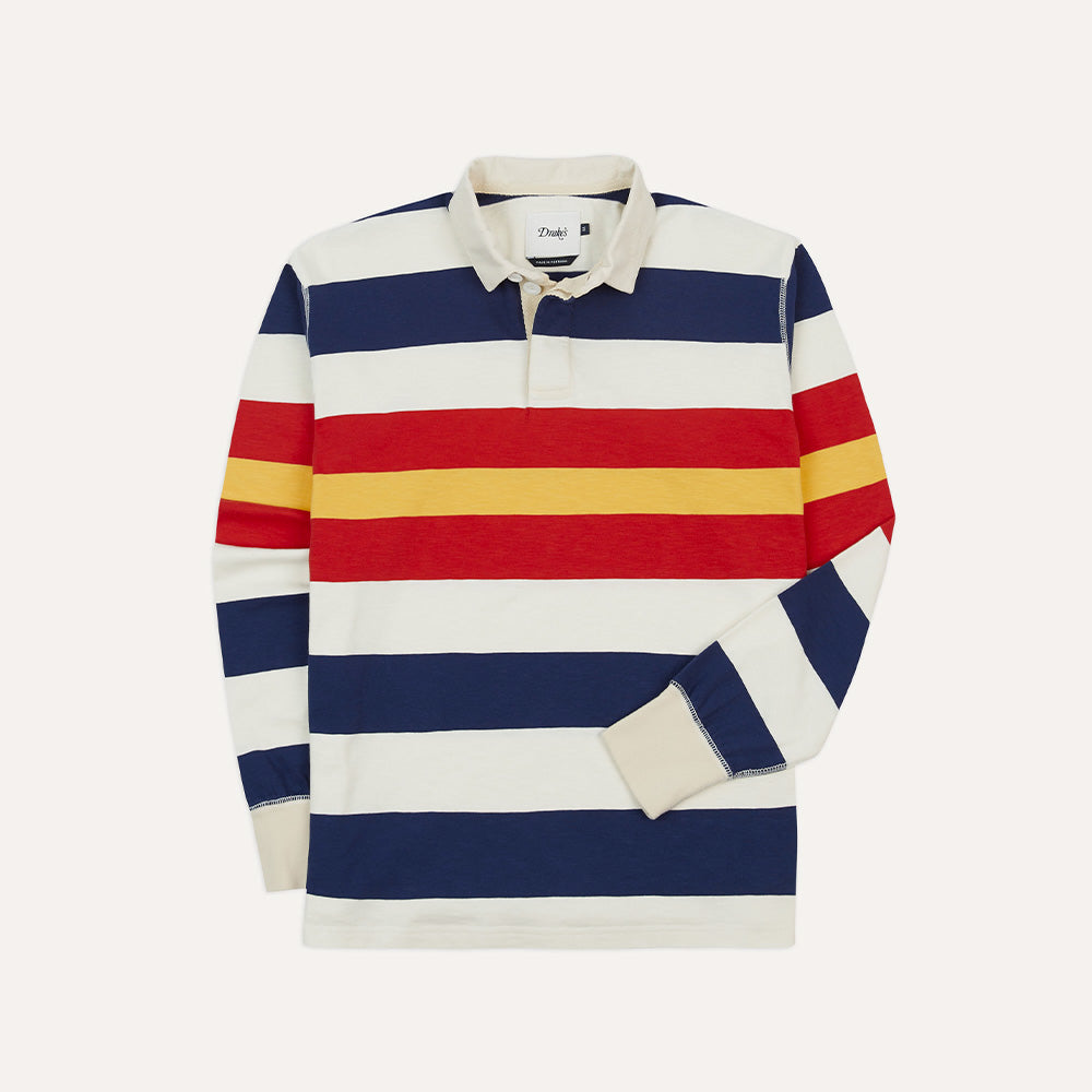 Drake's - Polo Rugby - Blanc, Marine, Jaune & Rouge