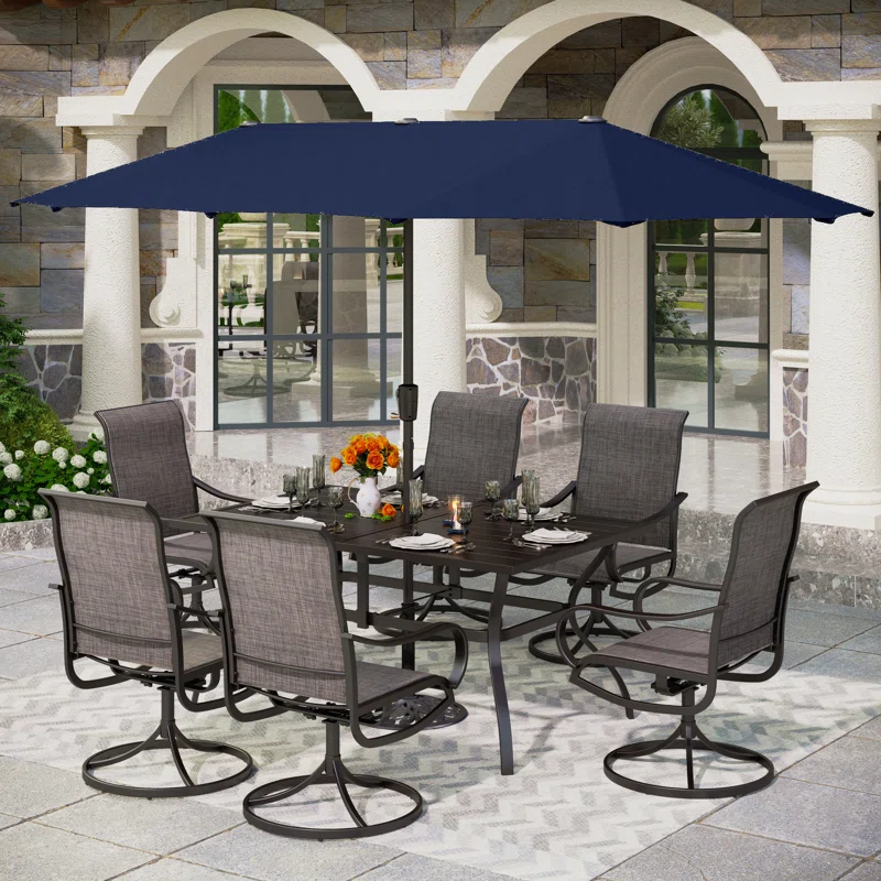 WAYFAIR 8 Pieces Patio Dining Set With Umbrella,Outdoor Furniture Set With 6 Sling Dining Swivel Chairs