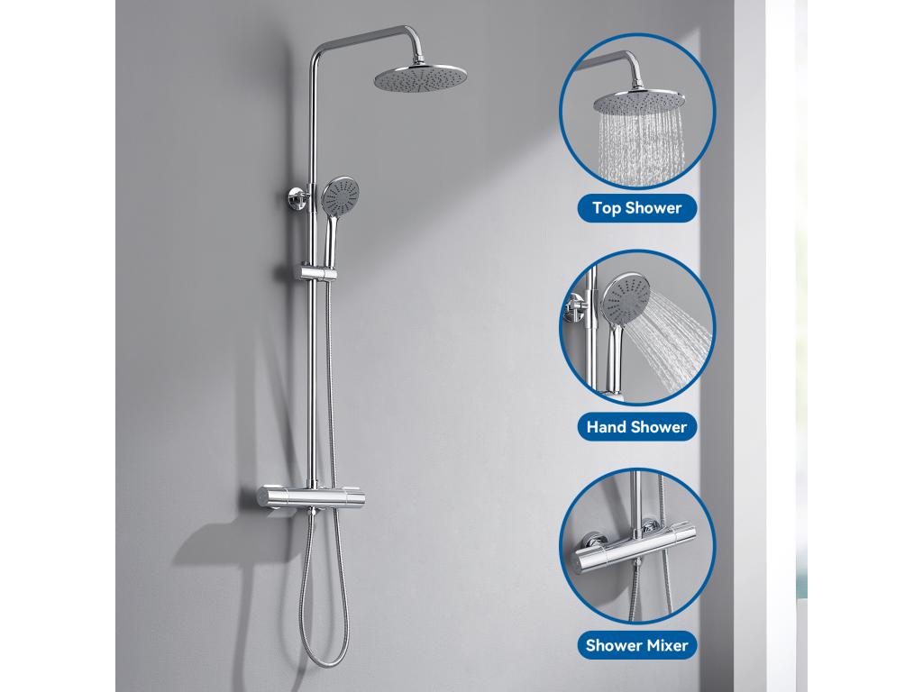 Columna Ducha Termostática Cromada,Altura Ajustable Set Ducha Ducha con 3 Jets De Agua+60cm Porta-Servielletas Baño Autoadhesivo/ Perforación