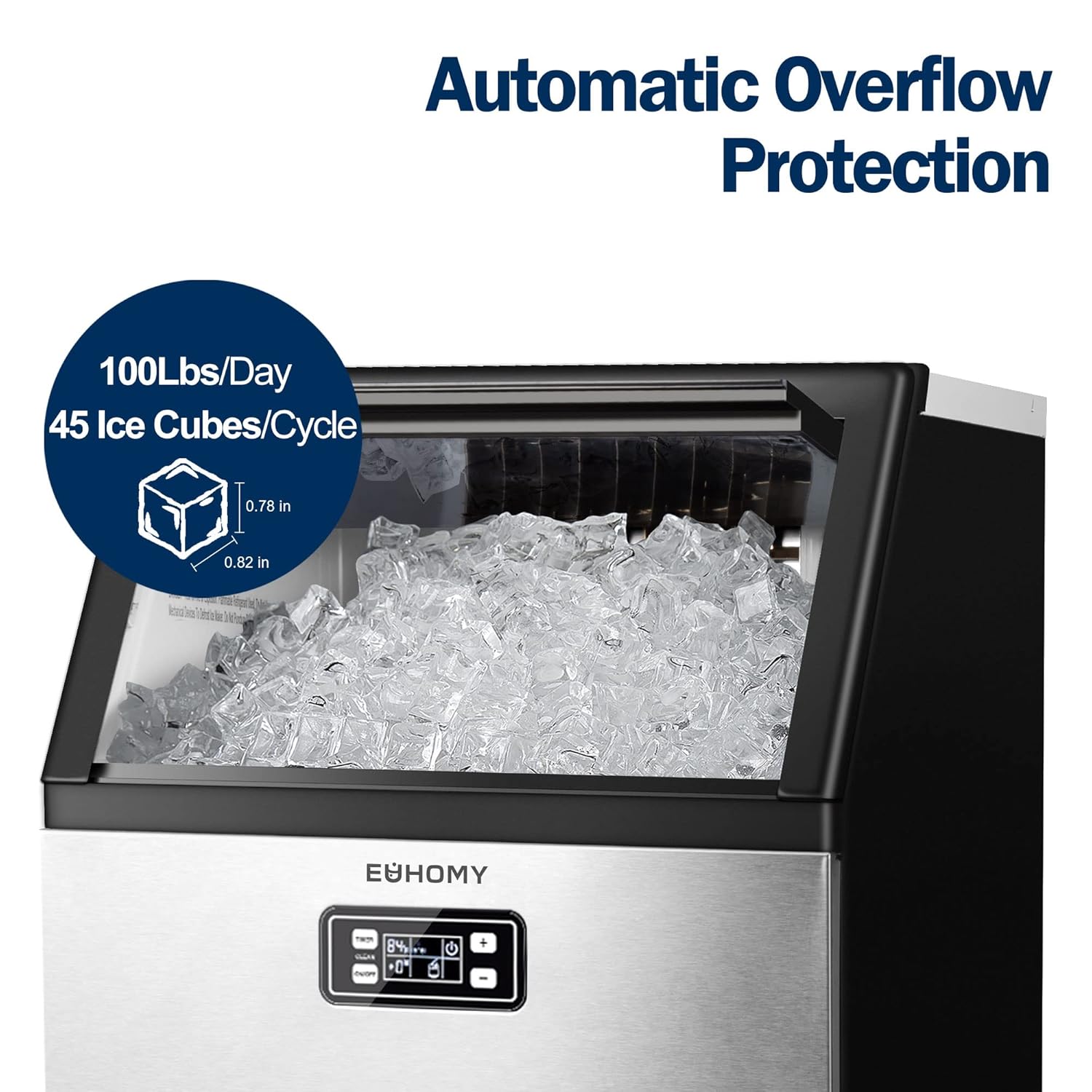 EUHOMY Ice Maker Machine, 100lbs/24H Stainless Steel Under Counter ice Machine with 33lbs Ice Storage Capacity, Freestanding Ice Maker
