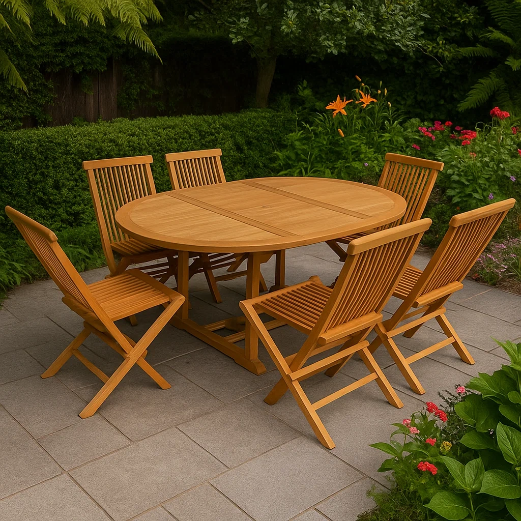 Conjunto de comedor de jardín para 6 personas, madera maciza de acacia, mesa extensible, 6 sillas plegables, color natural - LOYQvtk201rT