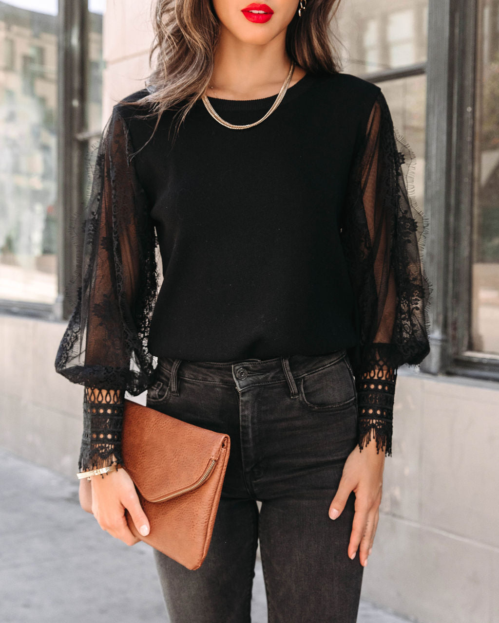 Before The Dawn Lace Sleeve Sweater - Black - Se7enfashion