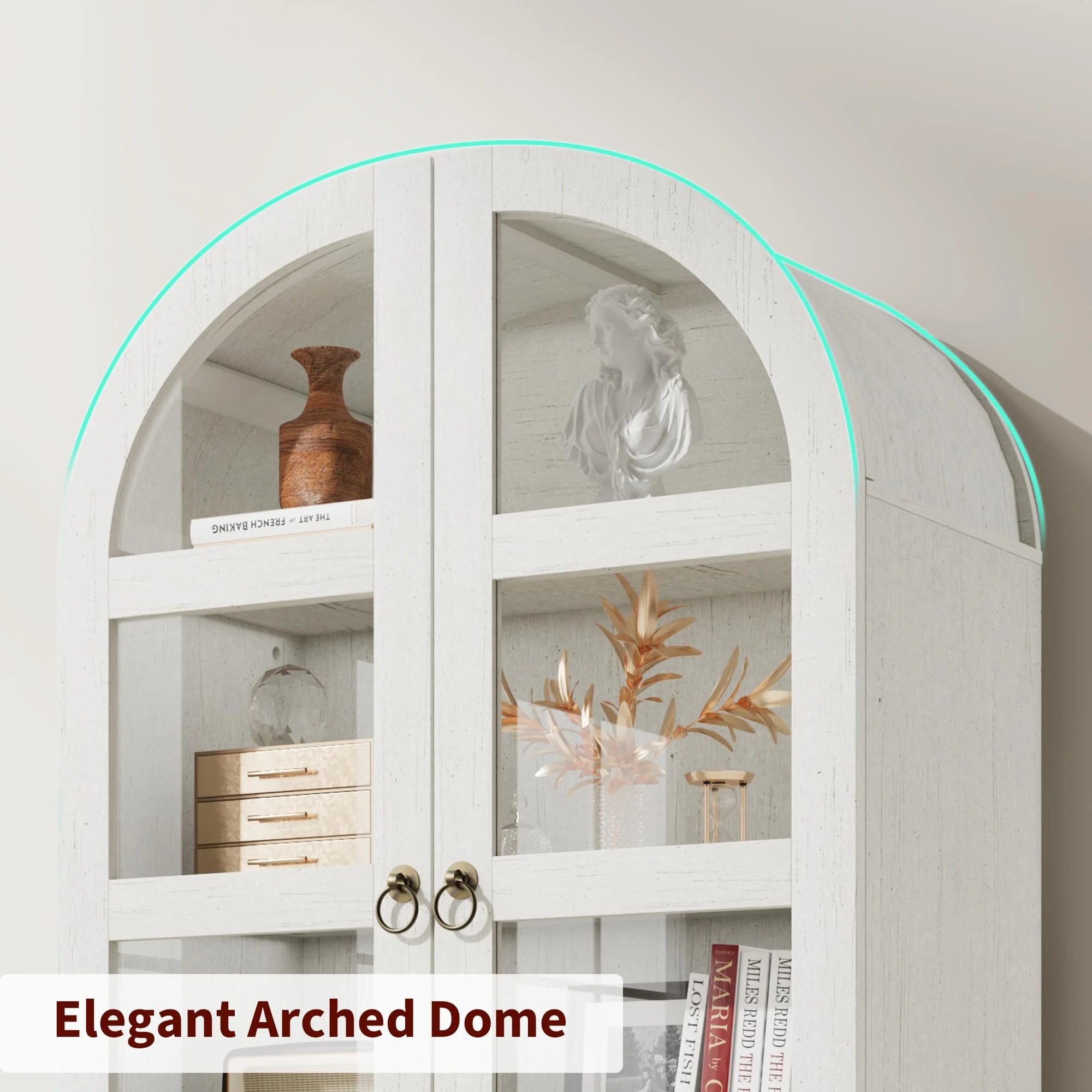 Luku 72" Tall Arched Kitchen Pantry Cabinet, Farmhouse Wood Storage Cabinet with Glass Door, 2 Large Drawers, Freestanding Organizer for Dining Room & Living Room - Image 8