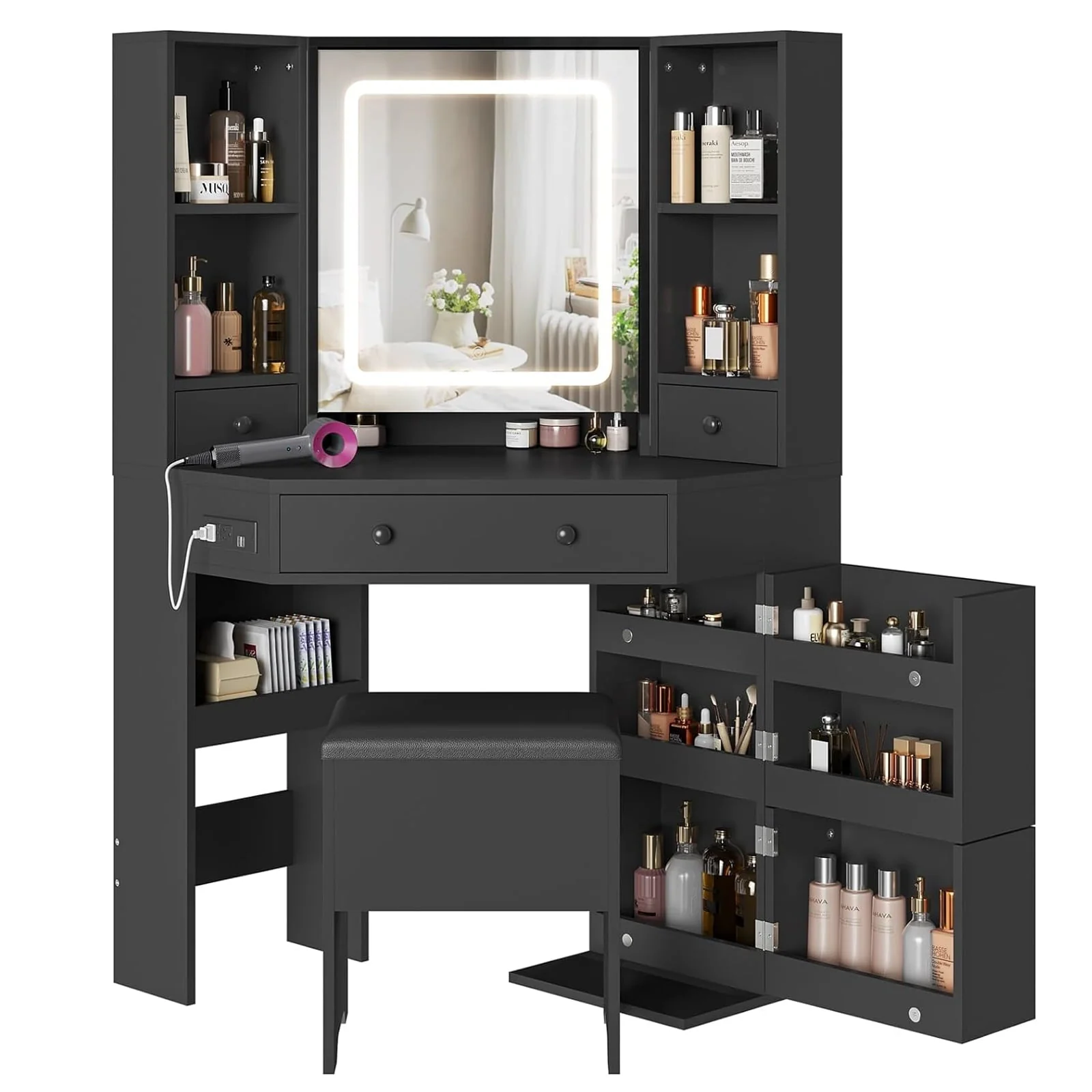 Black Vanity Set with Lights & Charging Station & Cushioned Stool, Modern Makeup Vanity Desk Table with Visible Drawers and Open Storage Shelves for Women Girls - Image 3