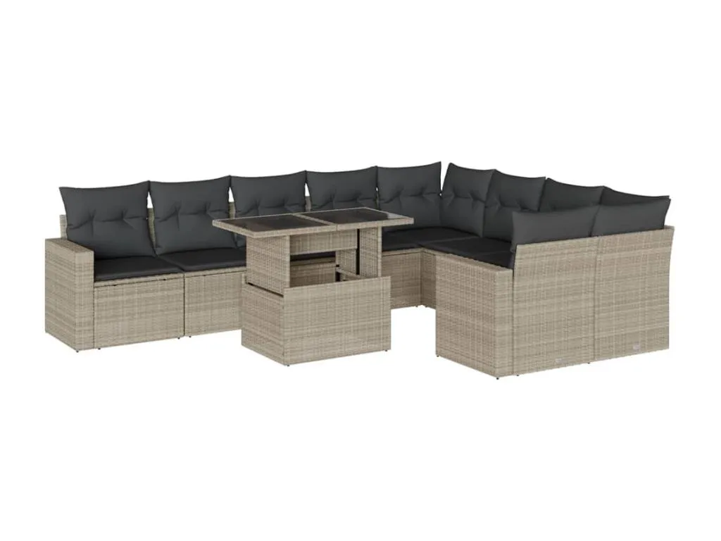 Set sofás jardín 10 pzas con cojines ratán sintético gris claro uuon11994