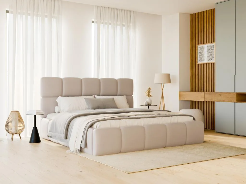 Canapé abatible 200x200 cm - Tela efecto cuero - Beige Colchón - Francomuebleses