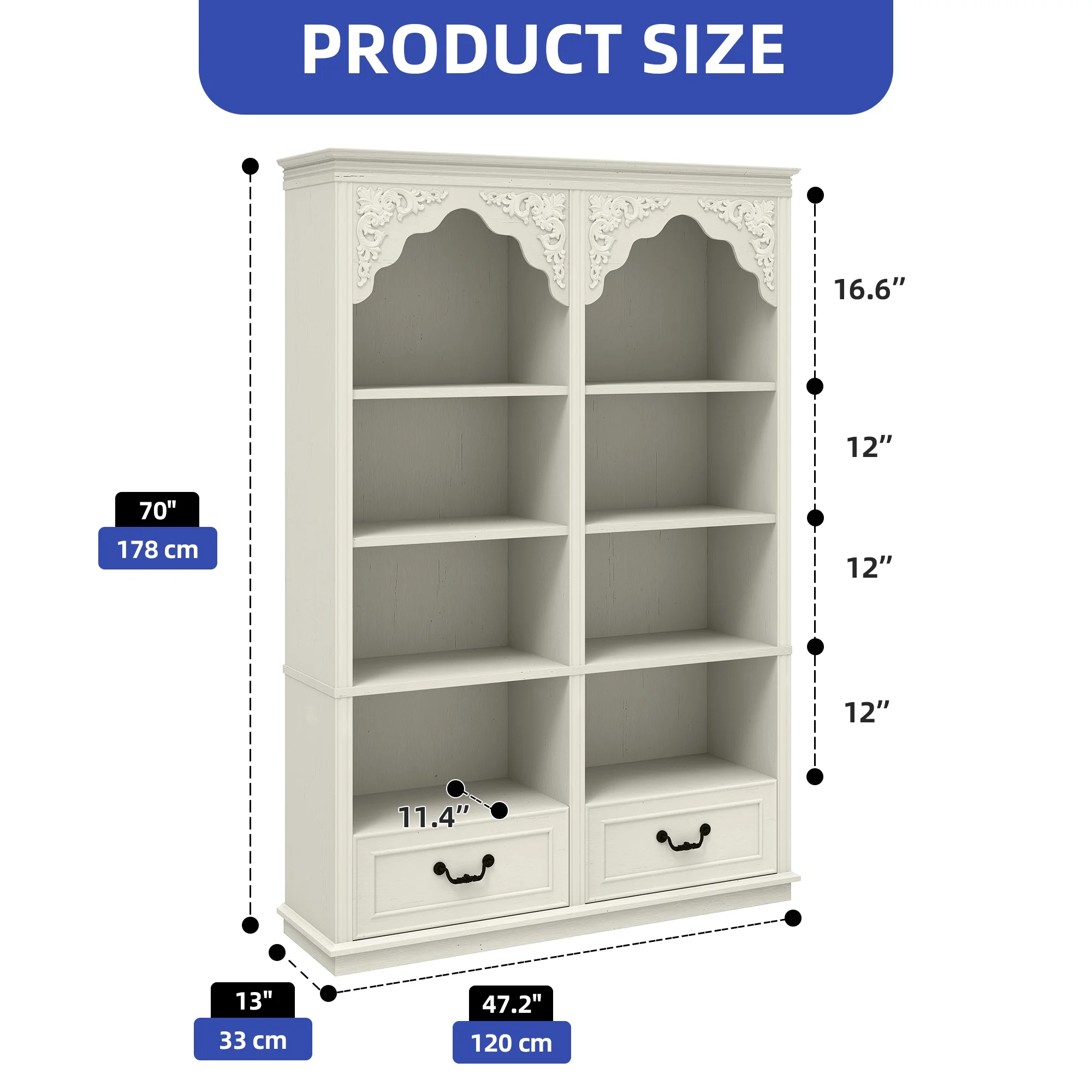 ModFusion 70" Distressed White Bookshelf with Adjustable Shelves and Two Drawers - Image 4