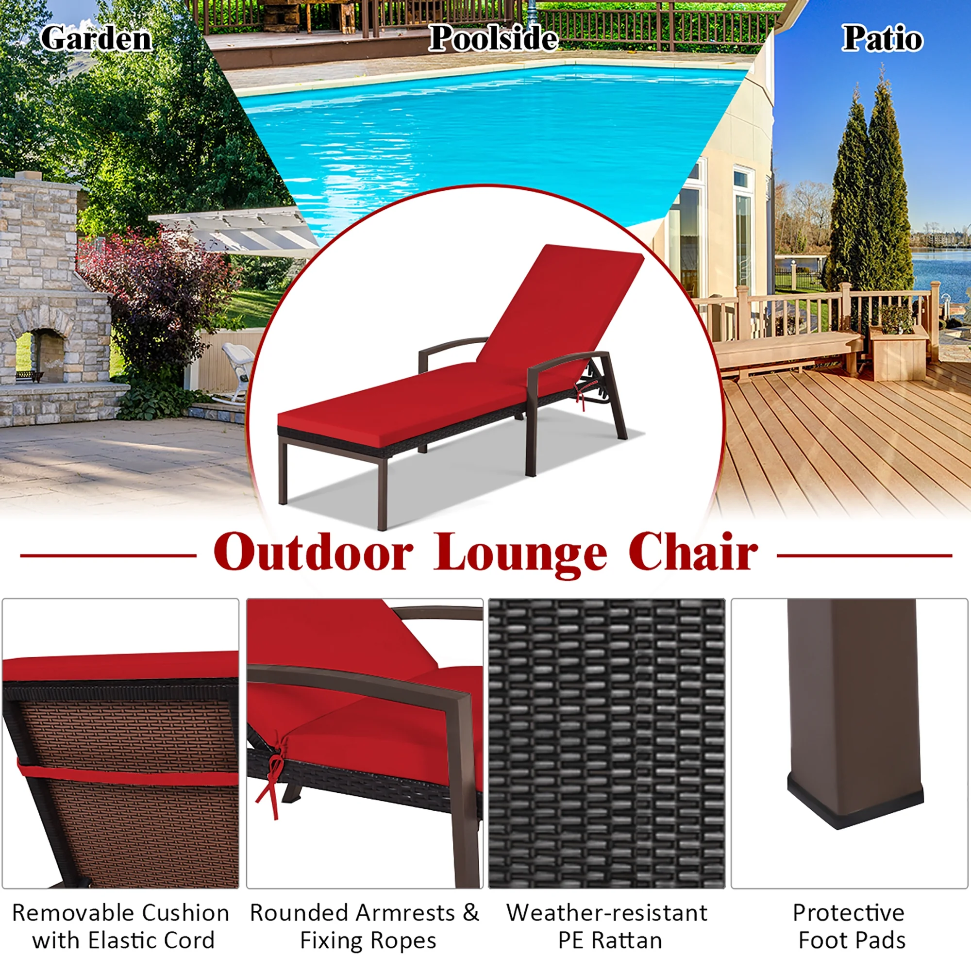 Costway 2PCS Patio Rattan Lounge Chair Chaise Recliner Back Adjustable Cushioned Red - Image 8