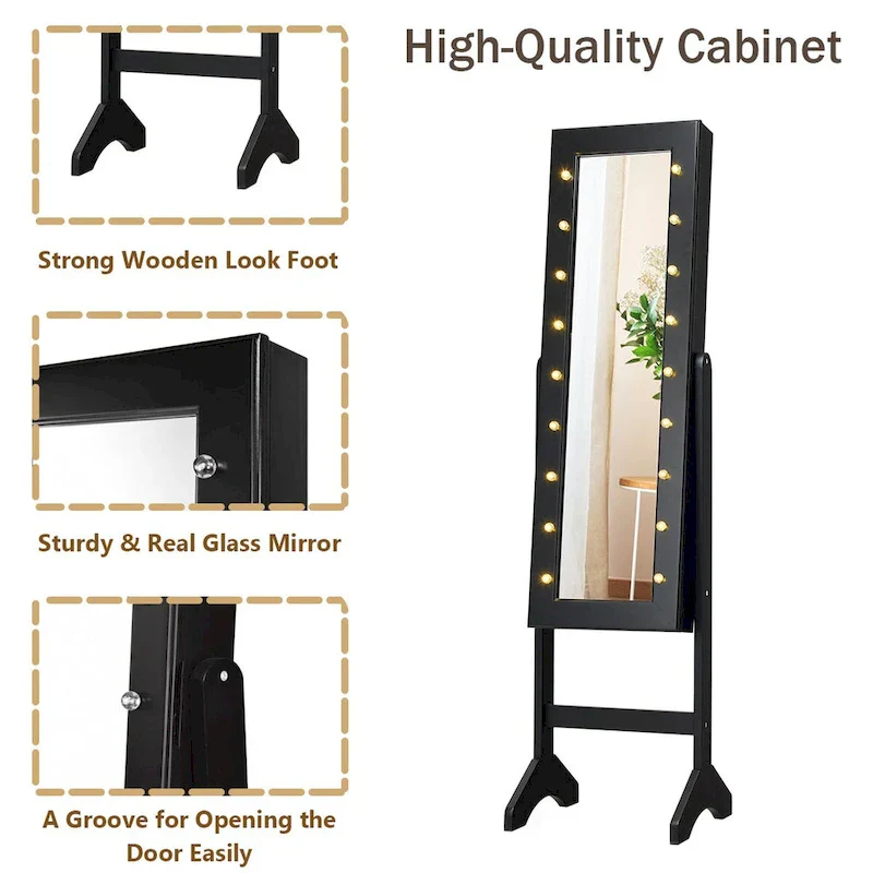 Costway Black Mirrored Jewelry Cabinet Organizer with 18 LED Lights