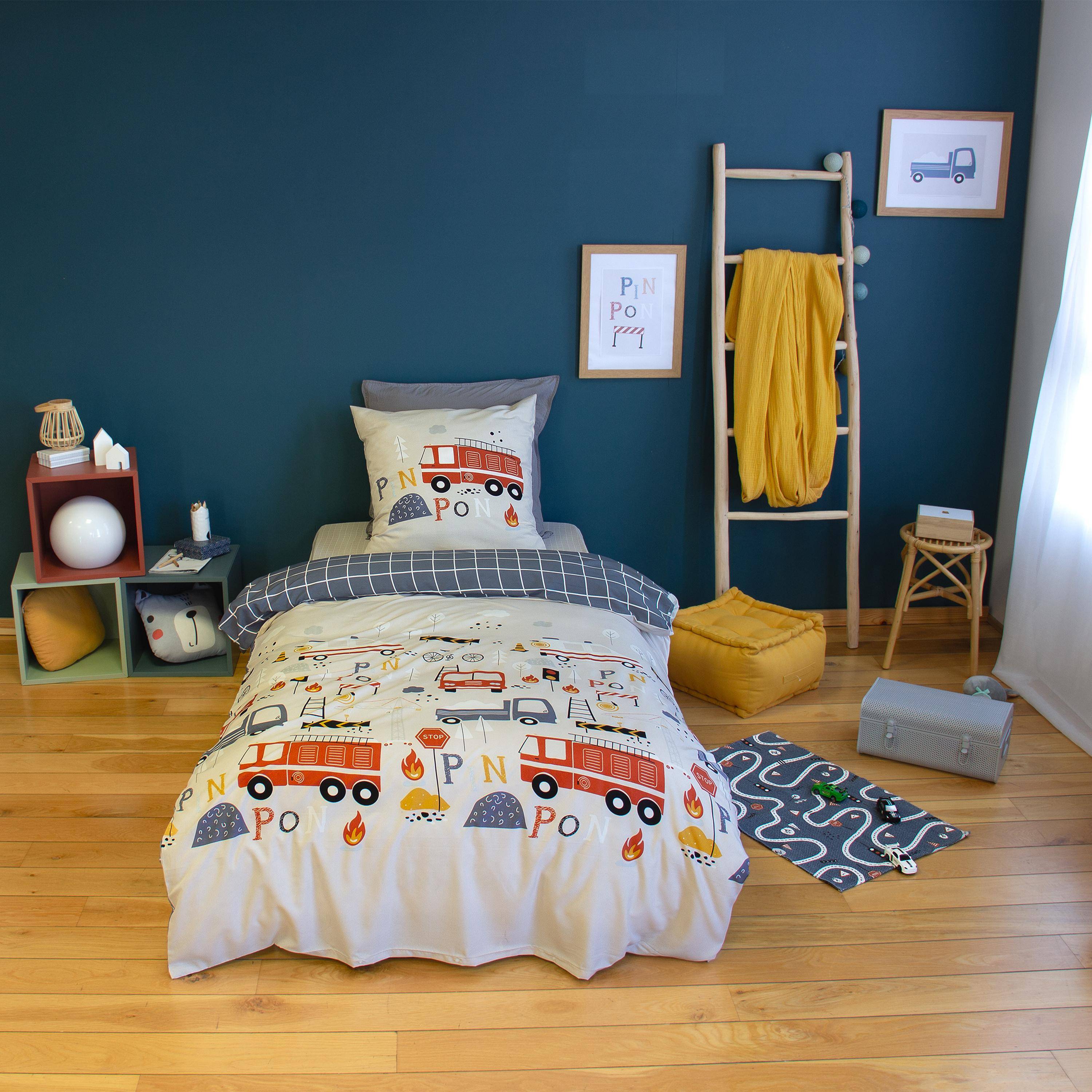 Pinpon - Ropa de cama de microfibra reversible con estampado de bombero, 1 plaza