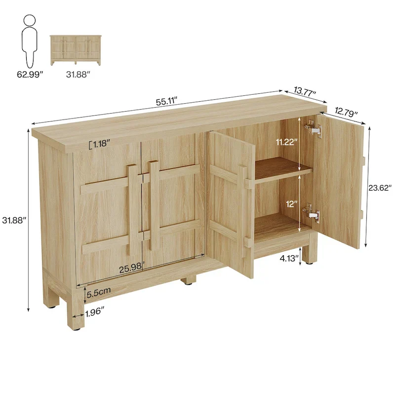 55-Inch Rustic Wood Farmhouse Buffet Cabinet with Ample Storage