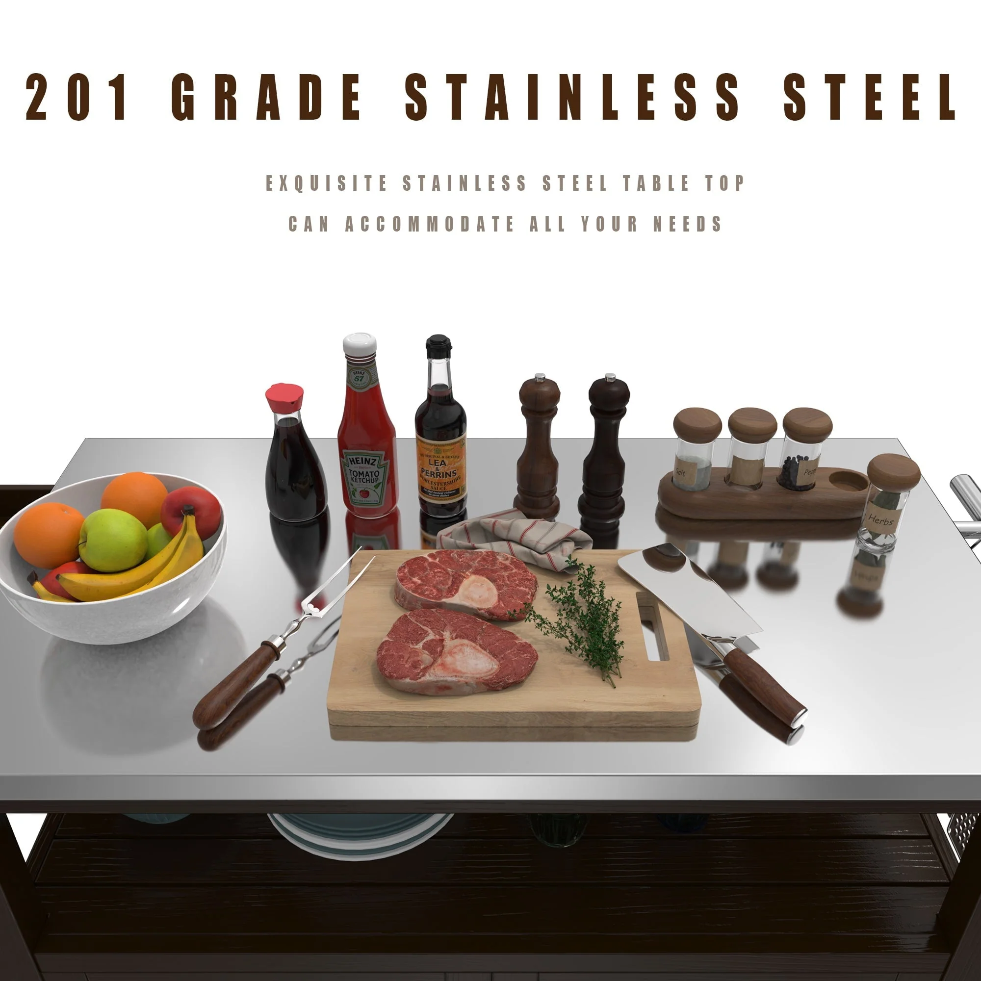 Outdoor Prep Table Grill Station, Solid Wood Movable Dining Cart Table, Dark Brown - Image 3
