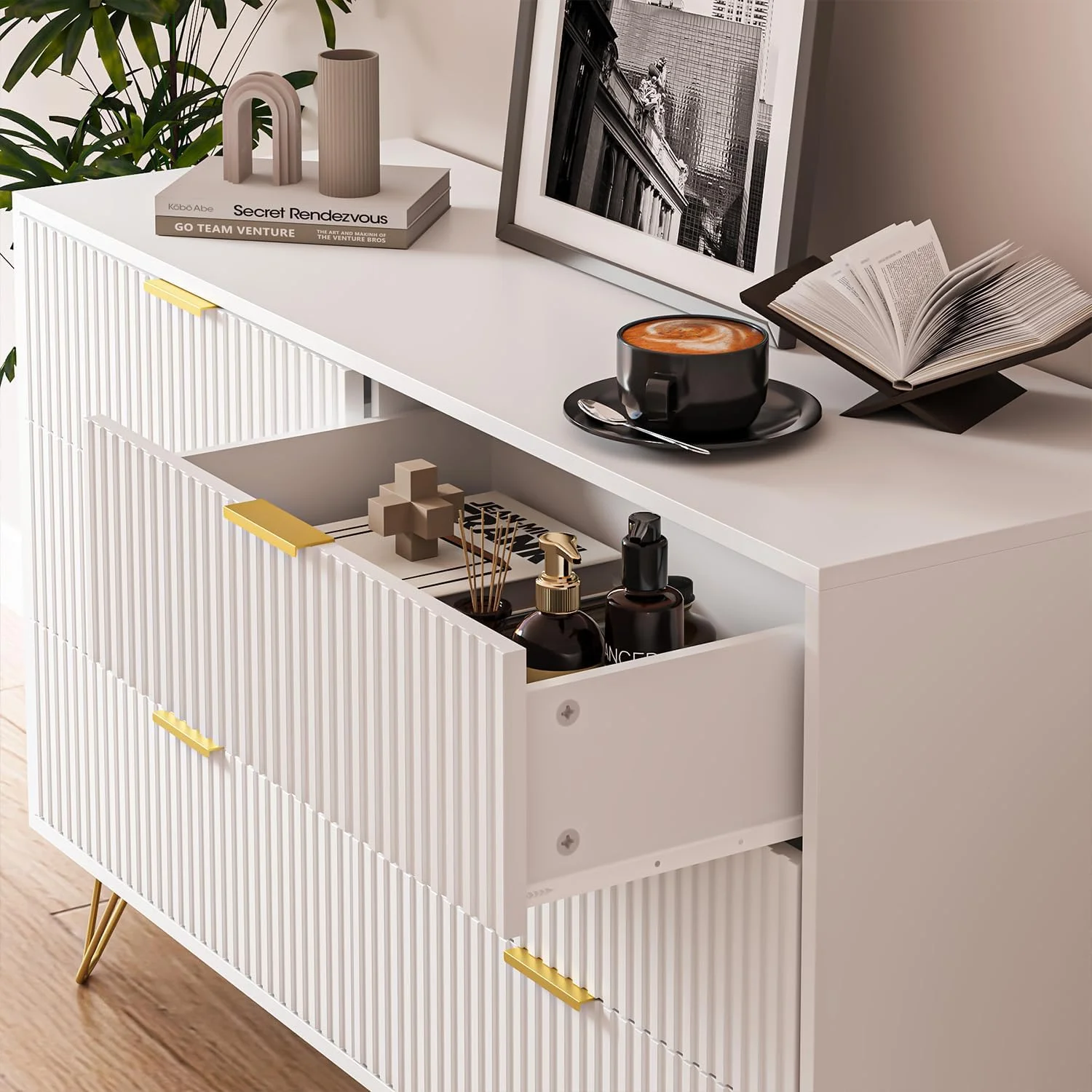 FURNIWAY White 6 Drawer Dresser for Bedroom, Modern Dresser with Gold Metal Handles,Fluted Wood TV Stand for Living Room, Hallway - Image 2