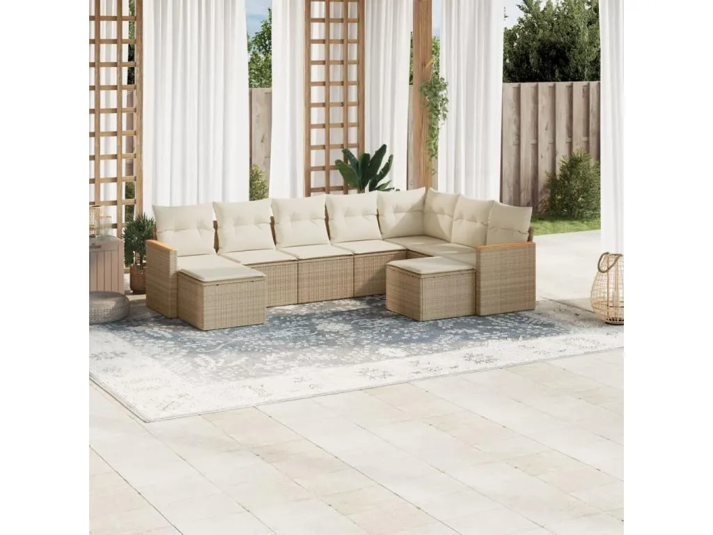 Set de sofás de jardín 9 pzas con cojines ratán sintético beige RNND03350