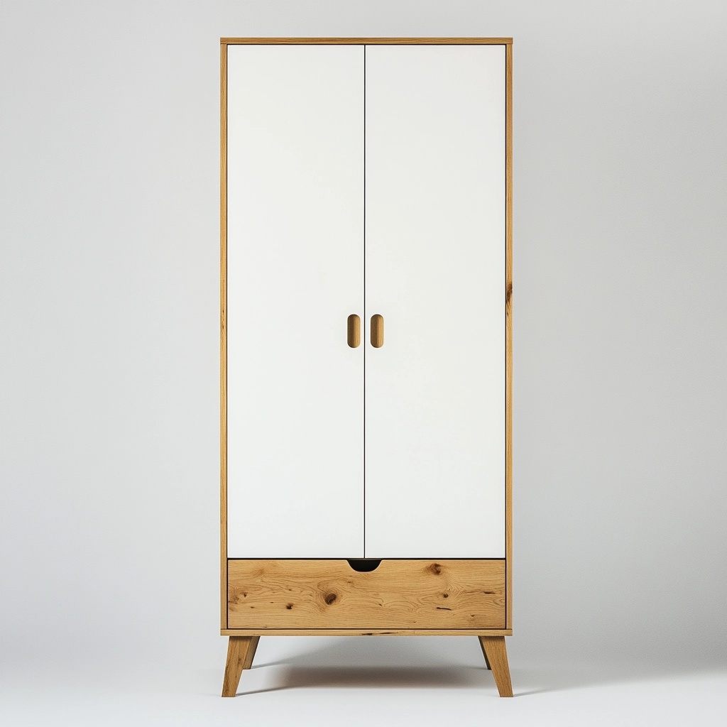 Armario de dormitorio moderno blanco y madera maciza con puertas dobles y cajón de almacenamiento estilo nórdico 180x90x50 cm BH1578382