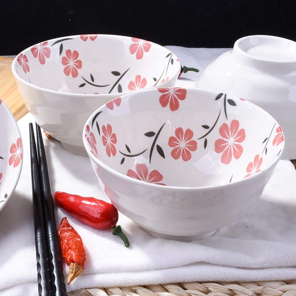 Japanese Ceramic Rice & Sushi Bowls Set – 4 Pack White Cherry Blossom Design, Microwave & Dishwasher-Safe, Elegant Dinnerware for Home, Restaurants