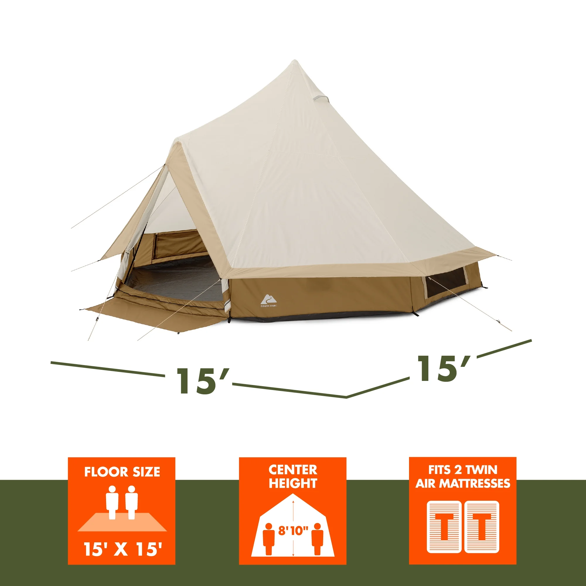 Ozark Trail 15' x 15' 8-Person Bell Tent with String Lights, 22.57 lbs - Image 13