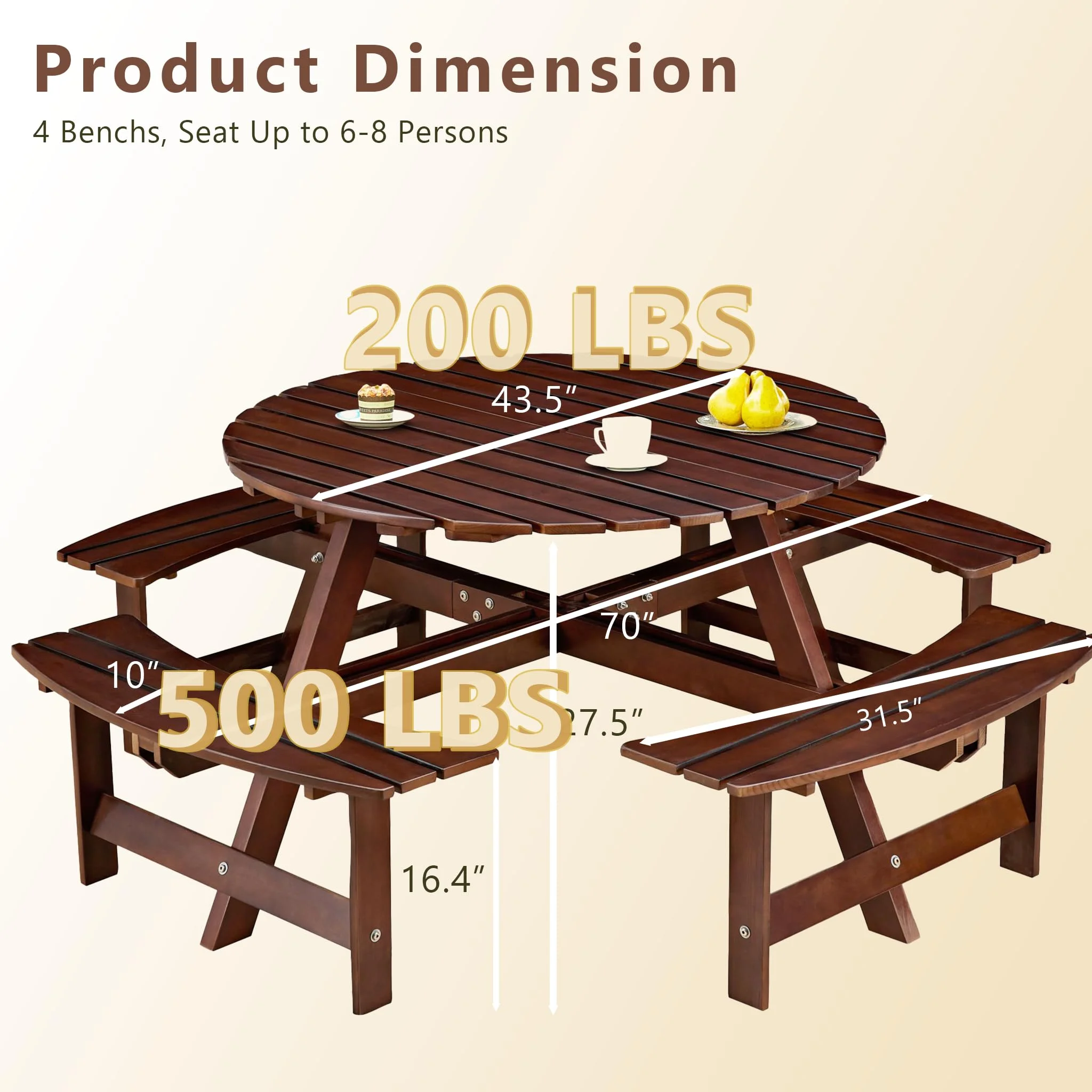 8 Person Wood Picnic Table, Outdoor Round Picnic Table with 4 Built-in Benches, Umbrella Hole, Outside Table and Bench Set for Patio, Backyard, 500lbs Capacity Per Bench - Image 18
