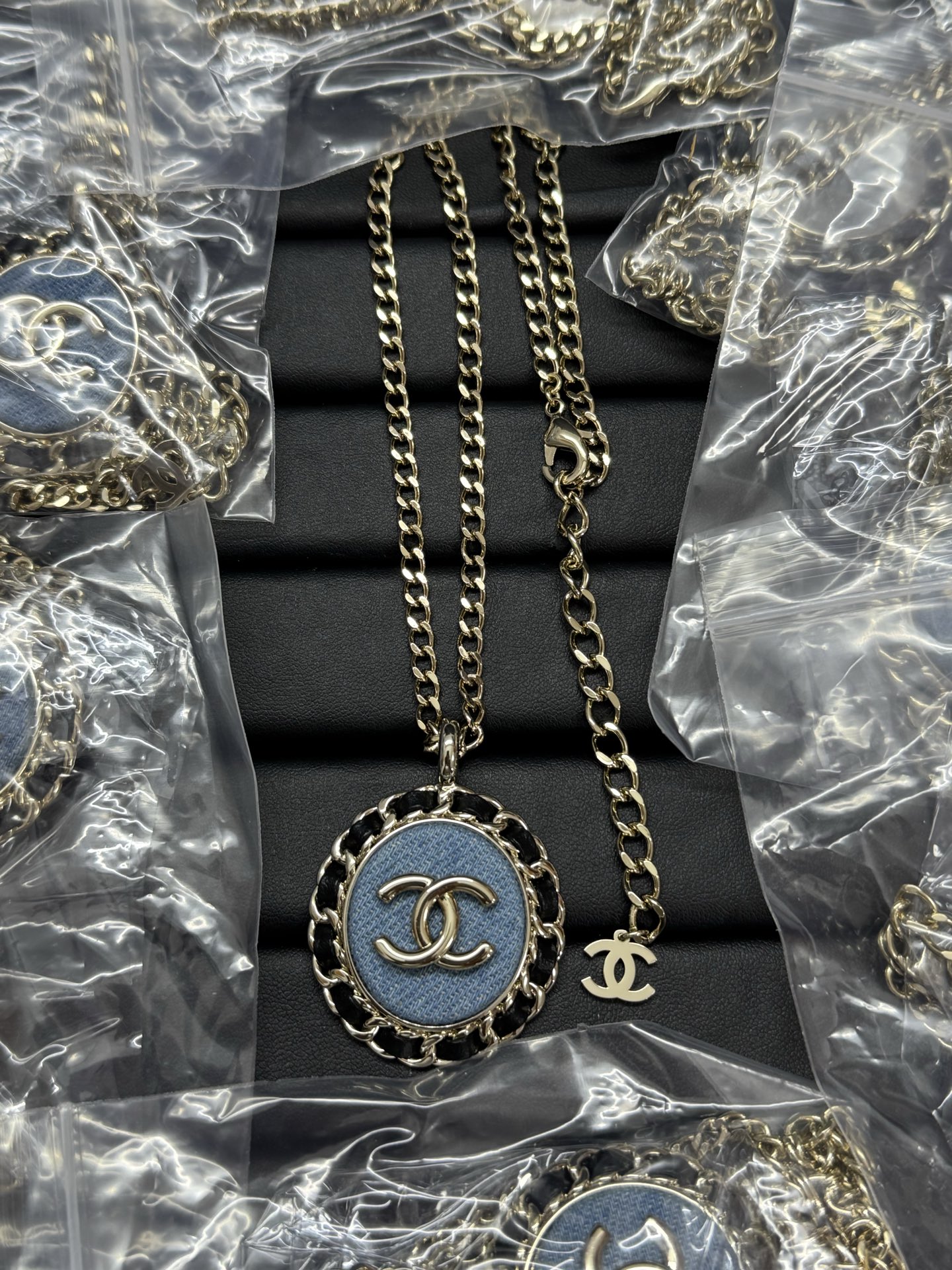 Chanel Large Leather Wrap Vintage Denim Oval Pendant Necklace - Original Replica Club
