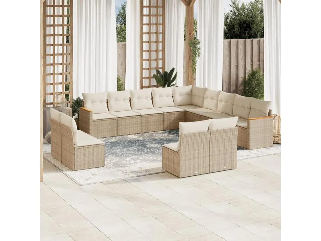 Set sofás de jardín con cojines 13 pzas ratán sintético beige