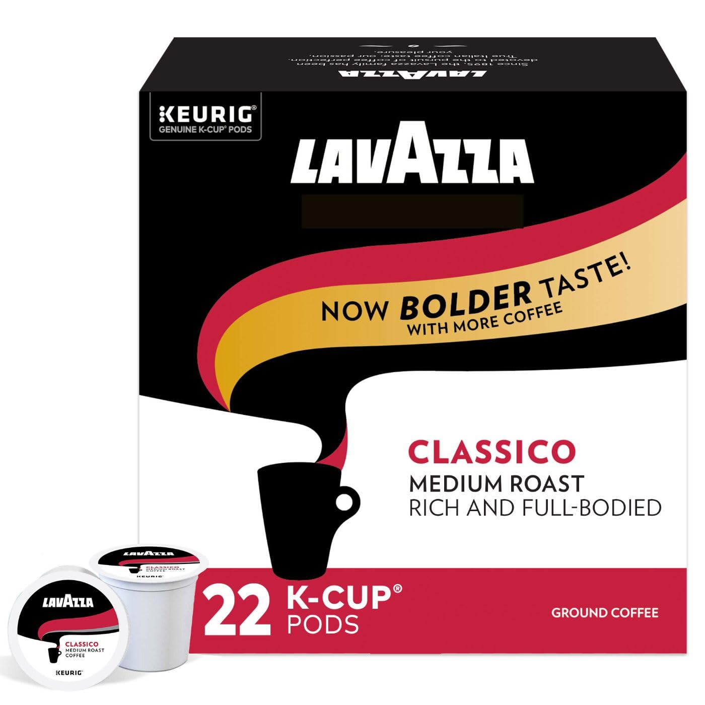 Lavazza Classico Single-Serve Coffee K-Cup® Pods for Keurig® Brewer. Medium Roast. 22Count Box. Full bodied medium roast with rich flavor and notes of dried fruit