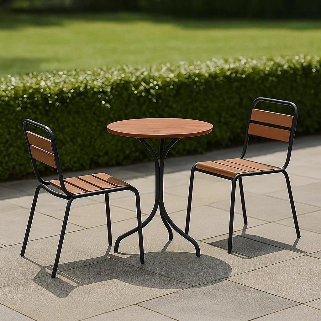 Muebles de salón para jardín,compuesto por 2 sillas y 1 mesa,material acero y madera,color negro y madera,para exterior,dimensiones mesa diámetro 60x75 cm,sillas 45x45x85 cm - etKeYSBDfx9s