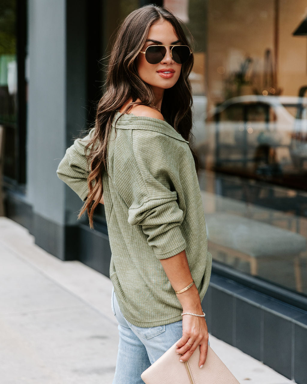 Touch Of Fall Oversized Ribbed Long Sleeve Top - Olive - Se7enfashion