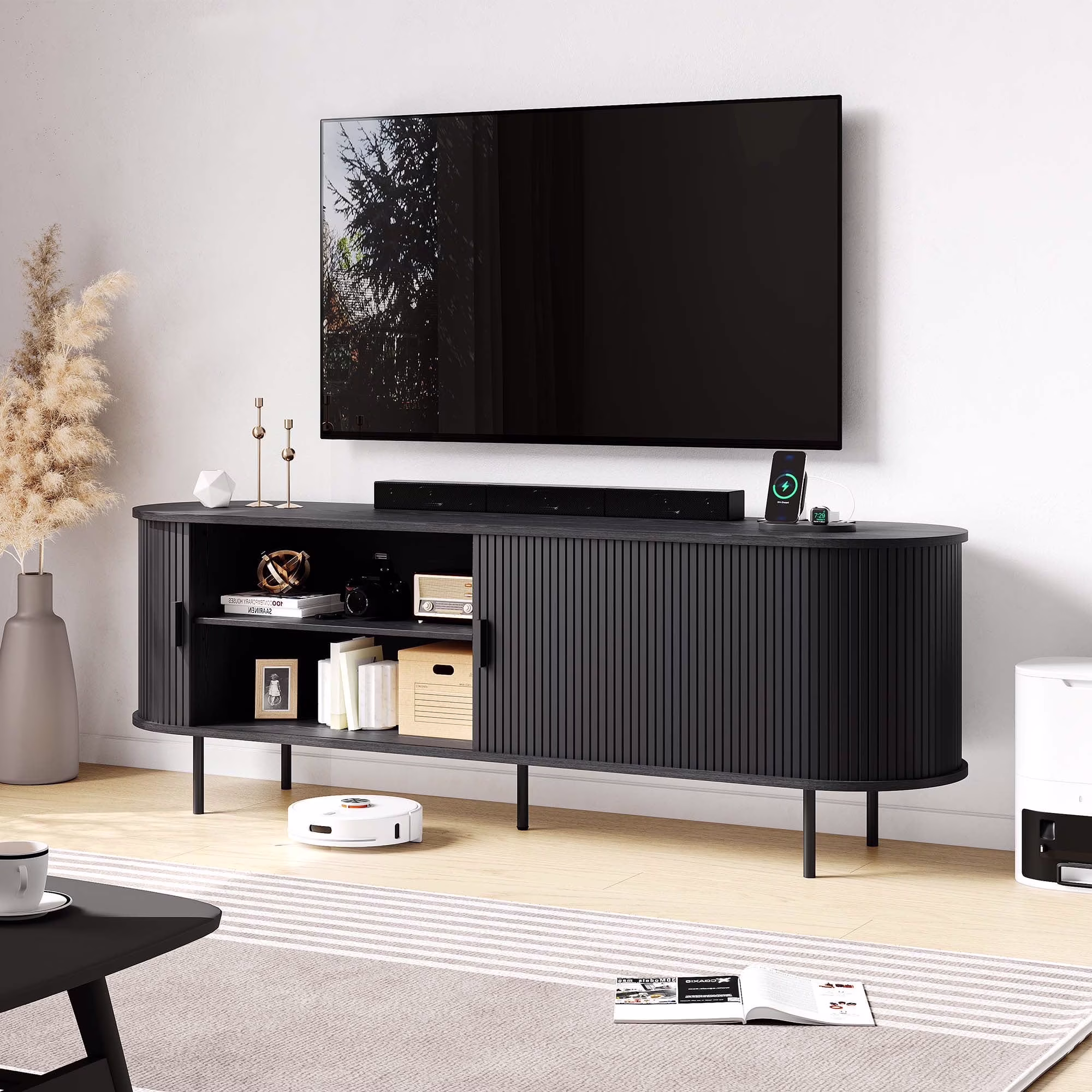 MARNUR 63" TV Stand for 70" TV, Wood Entertainment Center with Storage and Shelves, 2 Sliding Tambour Doors, Mid-Century Modern, Walnut - Image 5