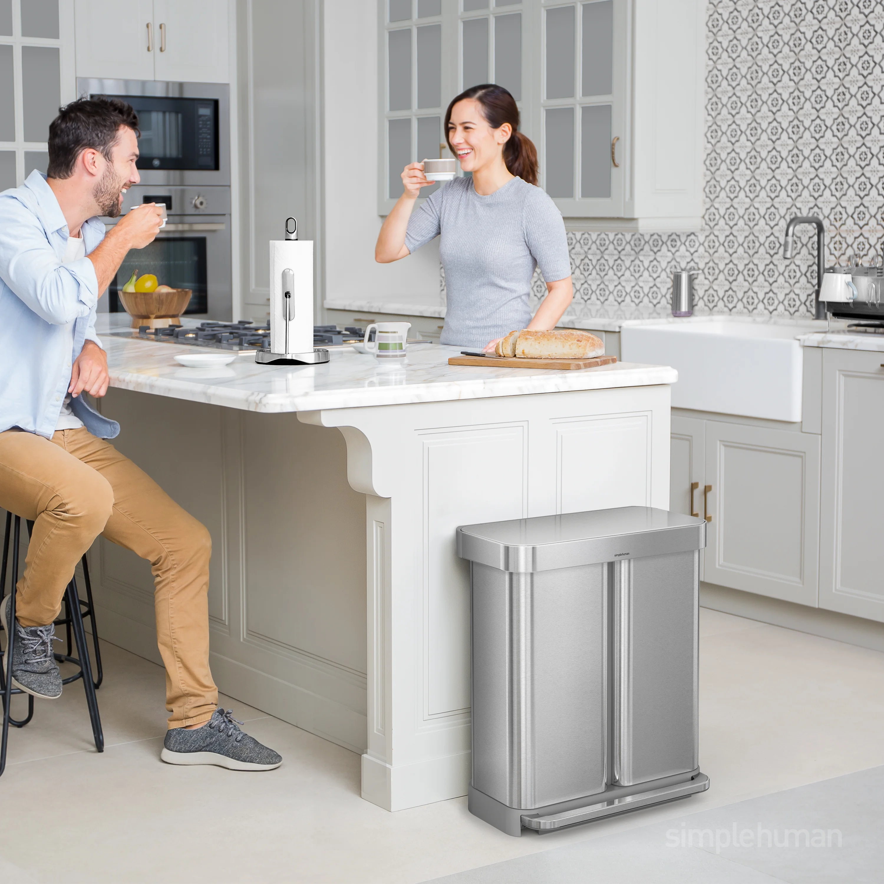 simplehuman 58 Liter / 15.3 Gallon Rectangular Dual Compartment Recycling Step, Brushed Stainless Steel with Soft-Close Plastic Lid Kitchen Trash Can - Image 14
