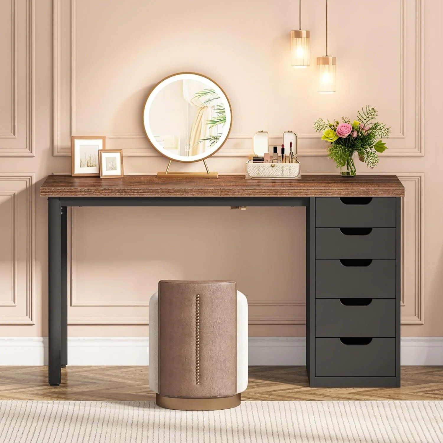 Tribesigns 47 inches Vanity Desk with 5 Drawers, Rustic Makeup Dressing Table with Storage, Modern Simple Computer Desk for Women, Girls (Brown) - Image 19