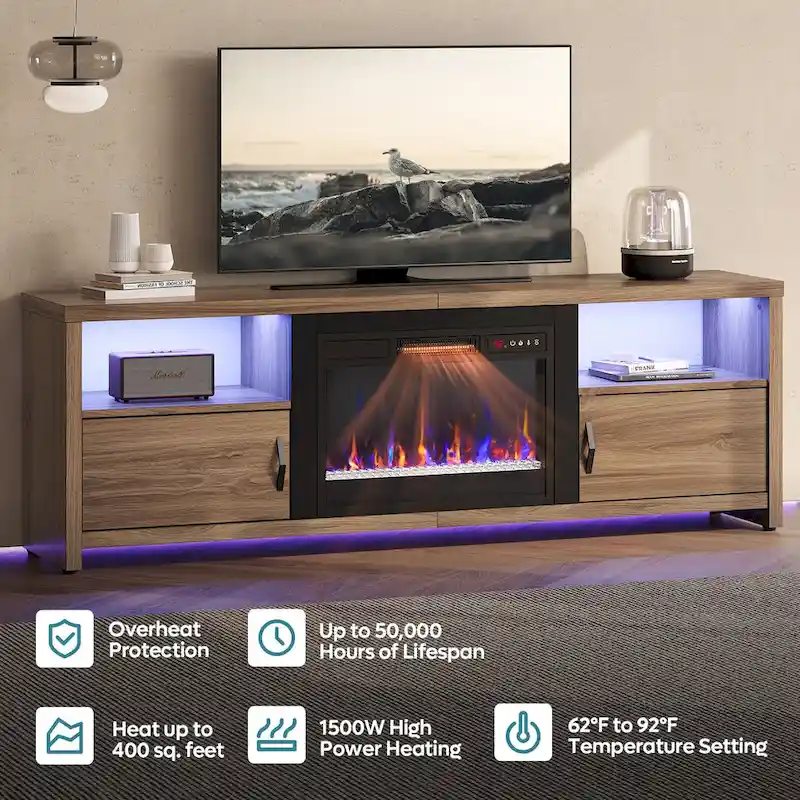 71-Inch TV Stand for 75-Inch TVs with LED Fireplace and Storage Cabinet