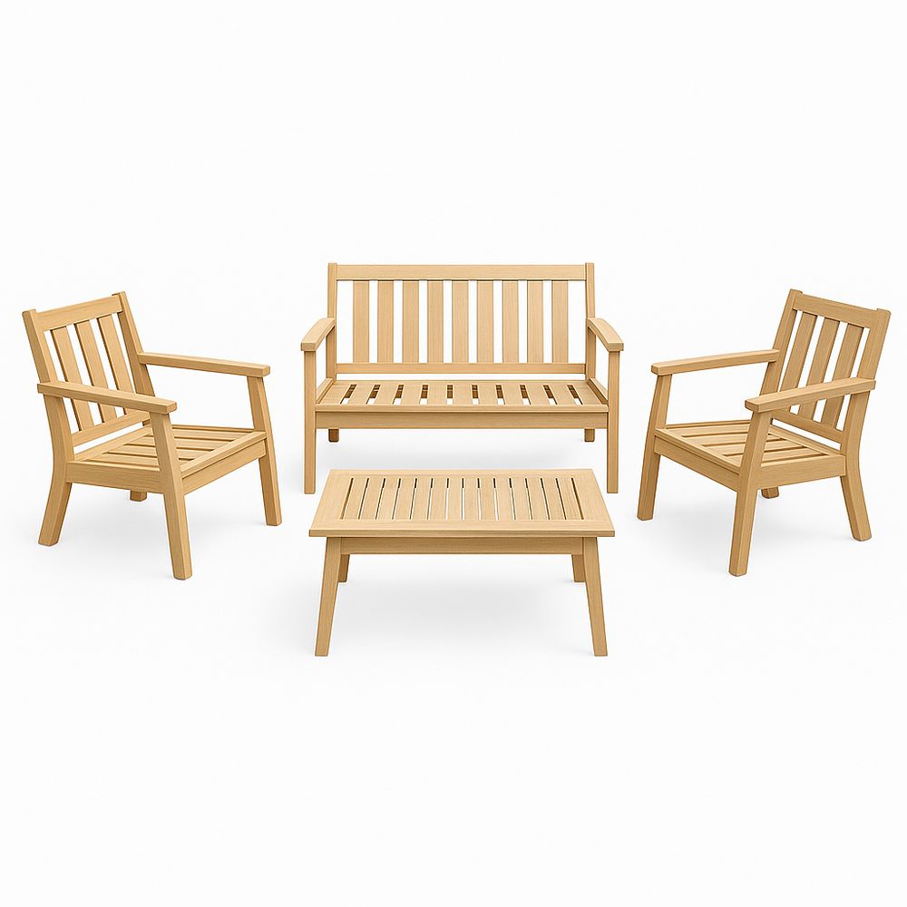 Conjunto de mobiliario de jardín de madera de acacia, sofá, sillones y mesa de café, muebles de exterior, estilo moderno, color natural